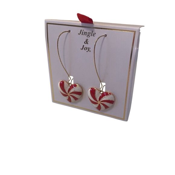Red and White Heart Shaped Candy Cane Dangle Earrings - Picture 3 of 7